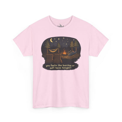 Campfire Bears Humor T-Shirt, People in Sleeping Bags are Bear Burritos and Tacos Joke, Camping Hiking Smores Bonfire Apparel