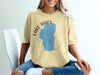 Yellow t-shirt with blue Lake Tahoe map and compass graphic.
