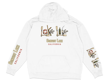 White hoodie with Convict Lake California graphics on front and sleeves.
