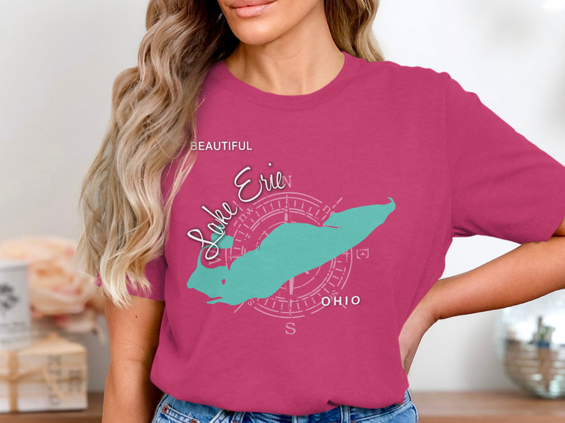 Teal outline of Lake Erie, Ohio, on a pink t-shirt.