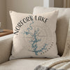Norfolk Lake Arkansas map design on a textured square pillow with compass rose motif.