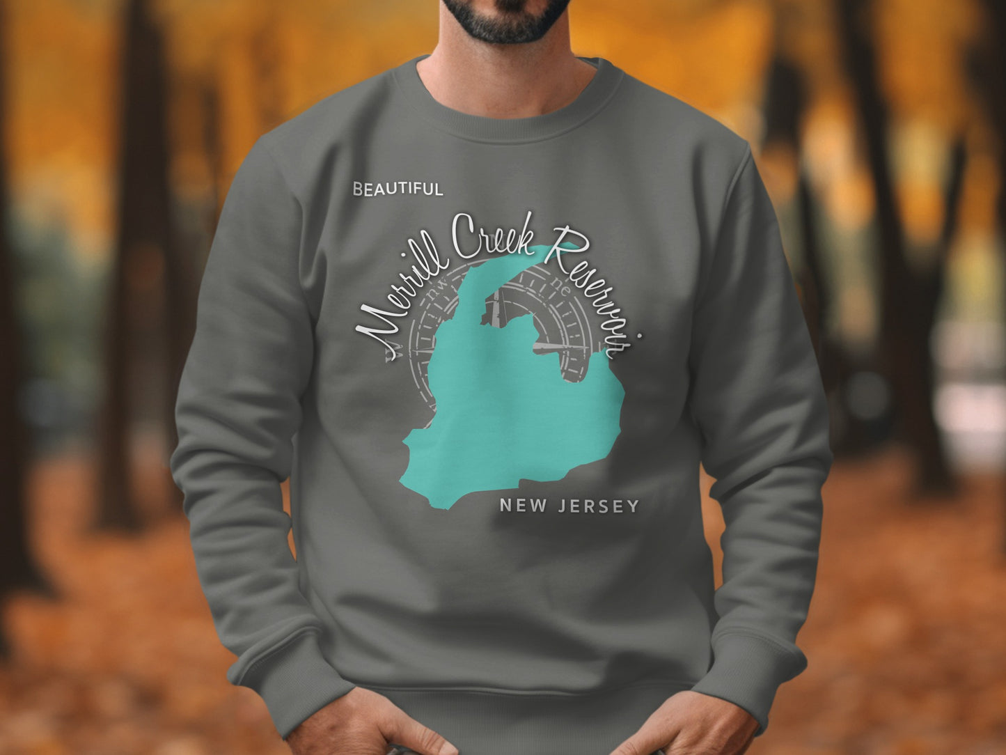 Grey sweatshirt with Morill Creek Reservoir, New Jersey map graphic.