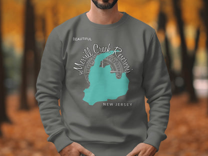 Grey sweatshirt with Morill Creek Reservoir, New Jersey map graphic.