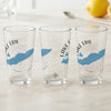 Three clear glasses with a blue outline of Lake Erie and compass design.