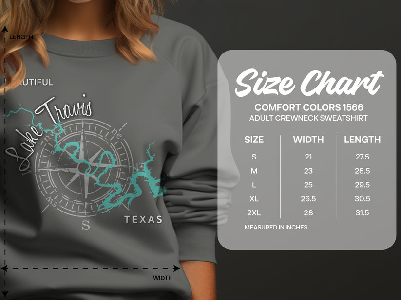 Lake Travis Texas sweatshirt size chart with measurements.