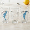 Three clear glasses with blue Long Pond Lake maps and compass design.