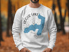 White sweatshirt with Augur Lake map and compass graphic, New York.