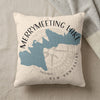 Pillow with blue Merrymeeting Lake map, compass rose, and New Hampshire text.