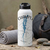 White water bottle with "CHAMPLAIN" text, blue lake outline, and compass rose design.