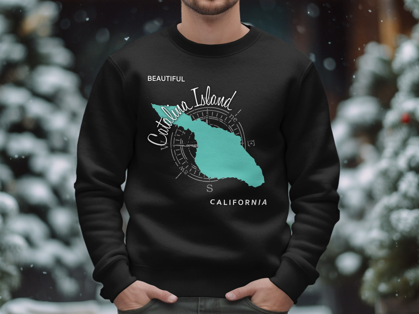 Black sweatshirt with a teal Catalina Island map and compass design.