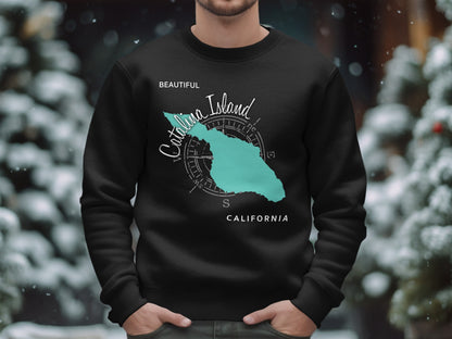 Black sweatshirt with a teal Catalina Island map and compass design.