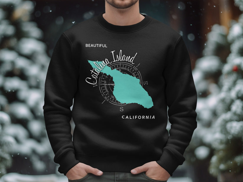 Black sweatshirt with a teal Catalina Island map and compass design.