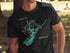 Black t-shirt with a teal map of Lake Lanier, Georgia and a compass rose.
