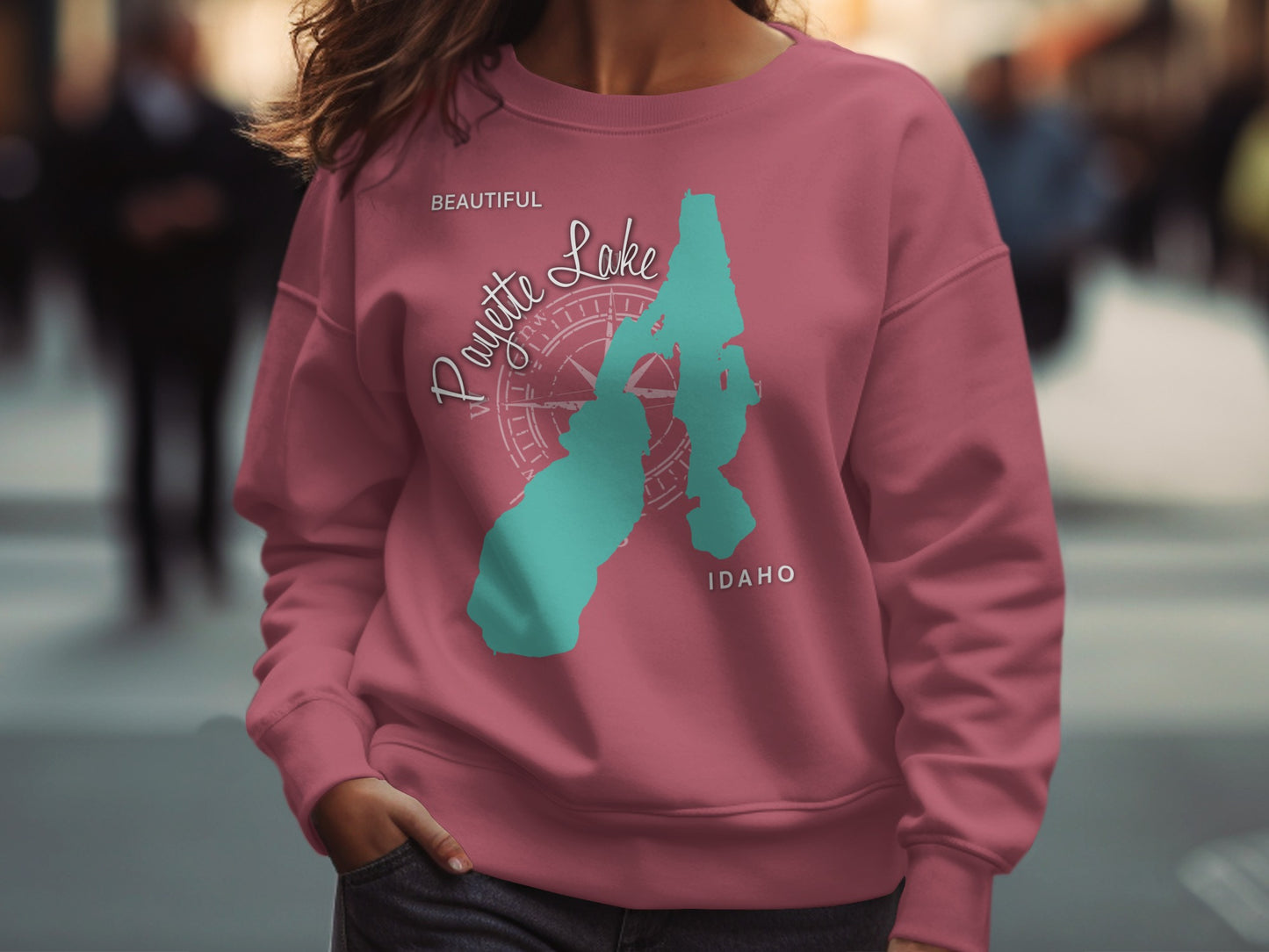 Teal map of Payette Lake, Idaho on a dusty rose sweatshirt.