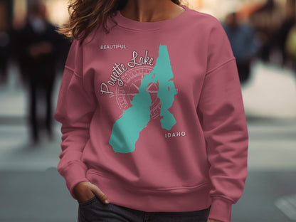 Teal map of Payette Lake, Idaho on a dusty rose sweatshirt.
