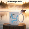 White mug with "Kaw Lake Oklahoma" map and compass design on a lake background.