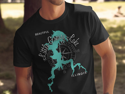 Black t-shirt with a teal map of Little Grassy Lake, Illinois.