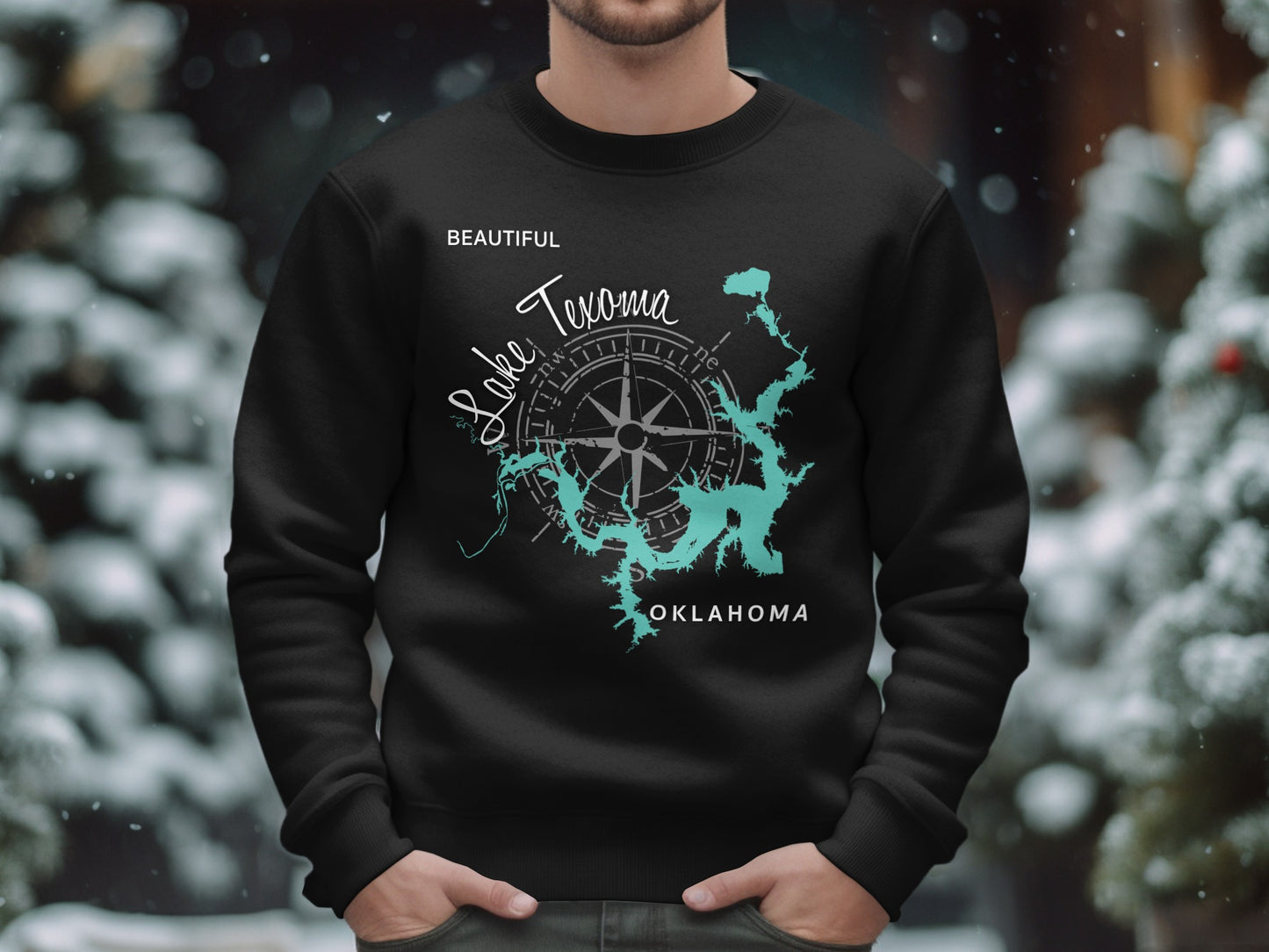 Black sweatshirt with Lake Texoma map and compass graphic, "Beautiful Lake Texoma Oklahoma".