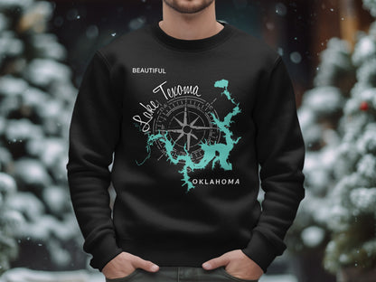 Black sweatshirt with Lake Texoma map and compass graphic, "Beautiful Lake Texoma Oklahoma".