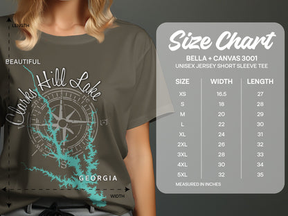 Bella + Canvas 3001 unisex tee size chart with Clarks Hill Lake graphic.