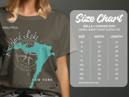 Rushford Lake New York graphic on a t-shirt with size chart.