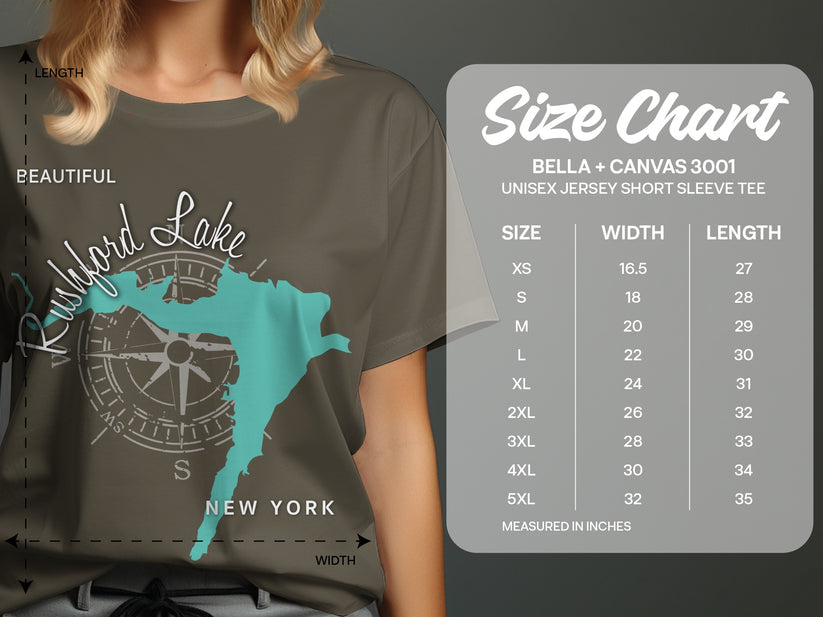 Rushford Lake New York graphic on a t-shirt with size chart.