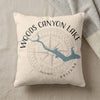 Pillow with Woods Canyon Lake Arizona map and compass design.