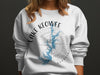 White sweatshirt with Lake Keowee Georgia map design and compass rose.