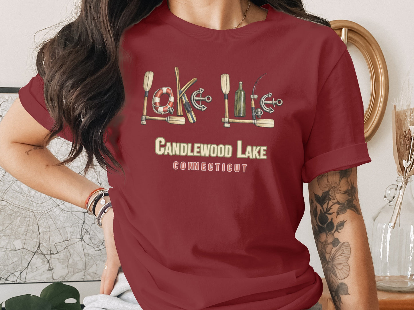 Maroon t-shirt with "Lake Candlewood Connecticut" text and nautical graphics.