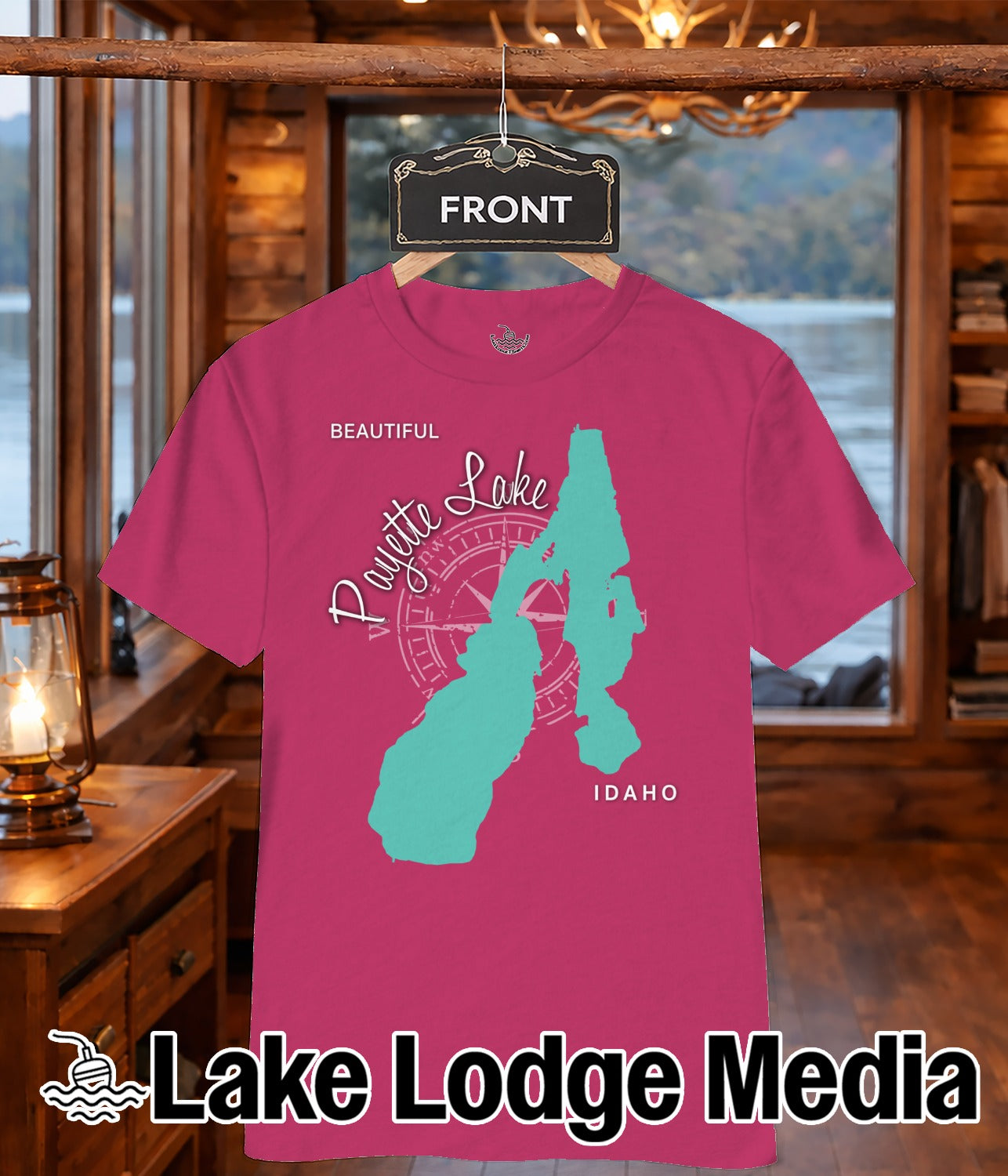 Fuchsia t-shirt with turquoise outline map of Payette Lake, Idaho.