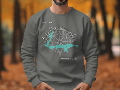 Grey sweatshirt with "Beautiful Lake Ossawinamakee Minnesota" text and compass.