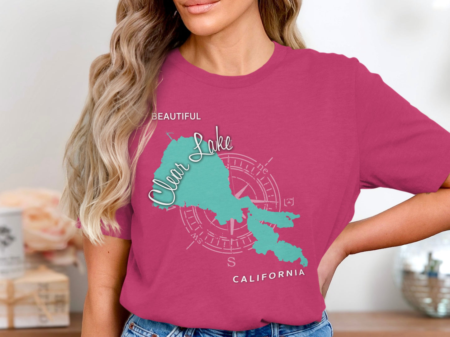 T-shirt with Clear Lake California map graphic and compass rose.