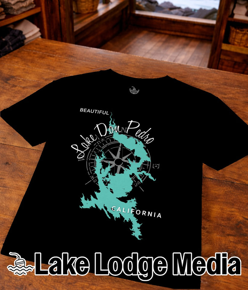 Black t-shirt with turquoise Lake Don Pedro map and compass graphic.