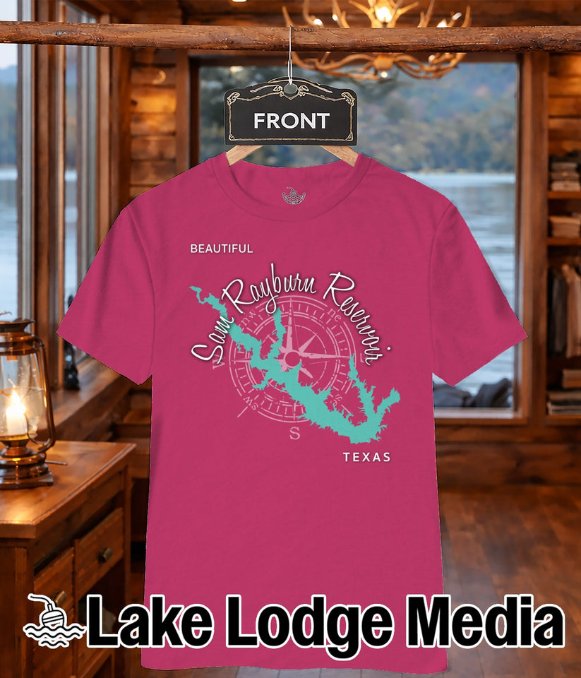Pink t-shirt with a compass rose and "Lake Sam Rayburn Reservoirs" map.