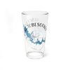 Glass with Lake Tobesofkee map and compass design, centered.