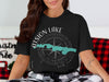 Black t-shirt with Atsion Lake New Jersey design and compass on chest.