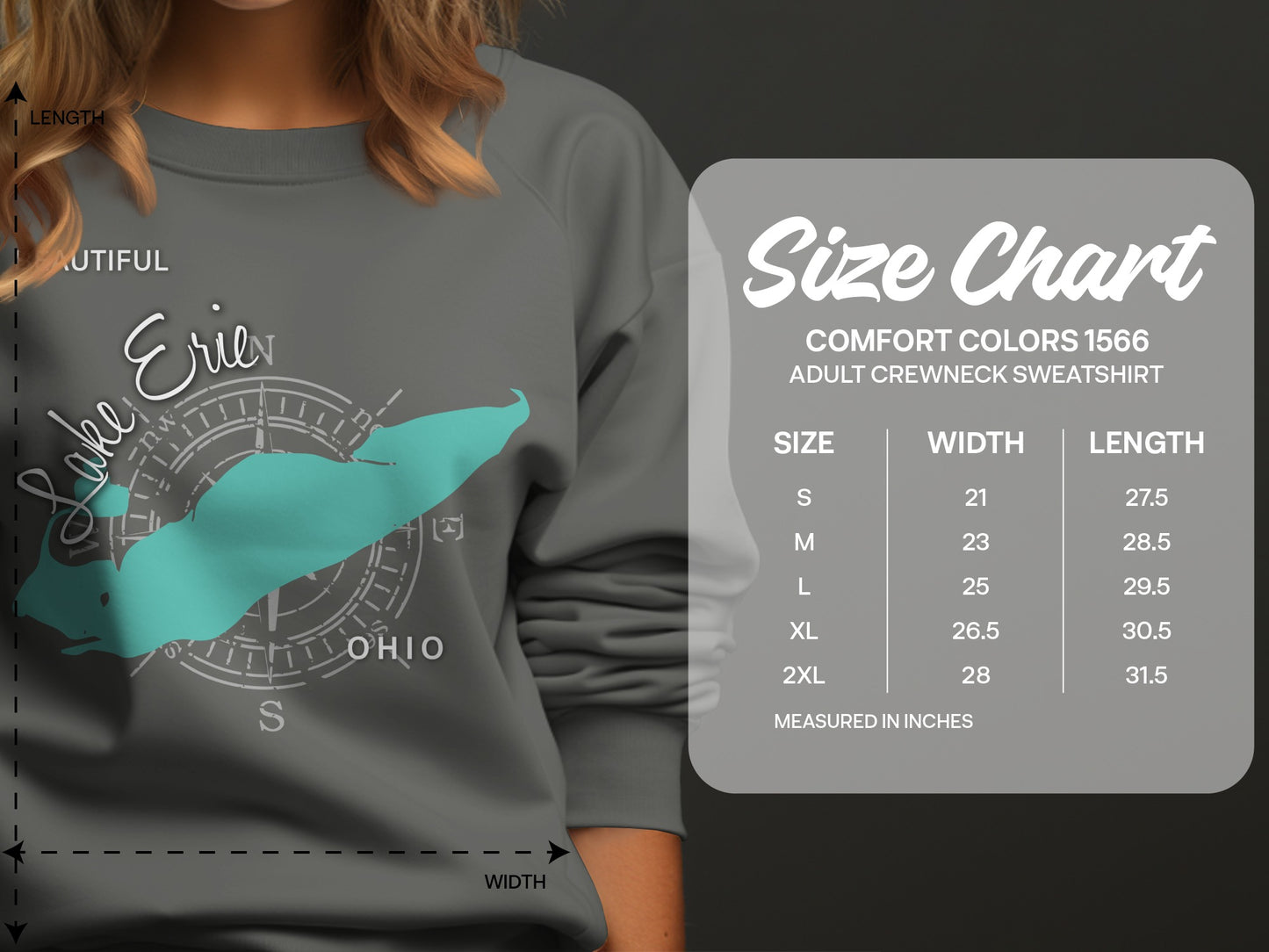 Comfort Colors 1566 sweatshirt size chart with Lake Erie graphic.