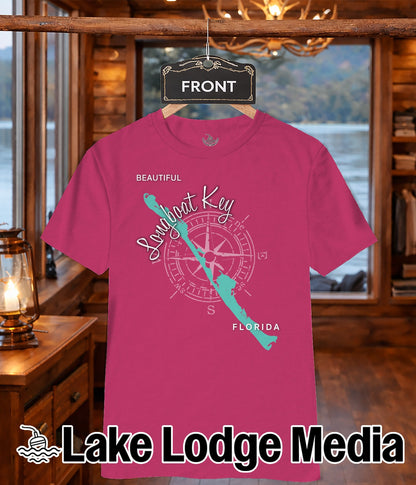 Pink t-shirt with "Lake Lodge Media" and a compass rose design.