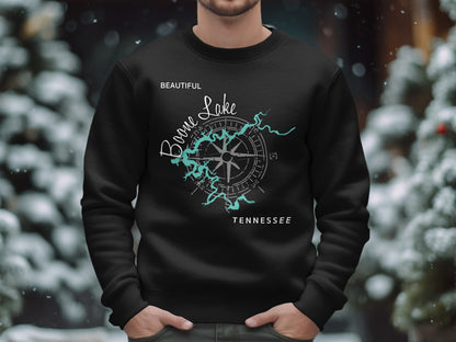 Black sweatshirt with Boone Lake Tennessee map and compass design.