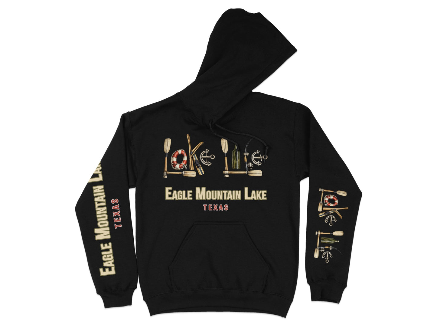Black hoodie with "Eagle Mountain Lake Texas" and lake-themed graphics.