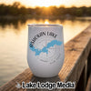 A white stainless steel wine tumbler featuring a blue map of Ashokan Lake, New York.