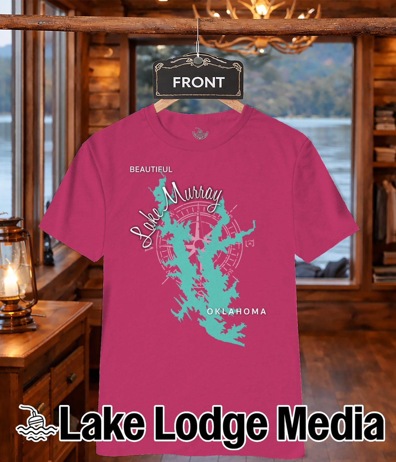 Pink t-shirt with Lake Murray Oklahoma map and compass design.