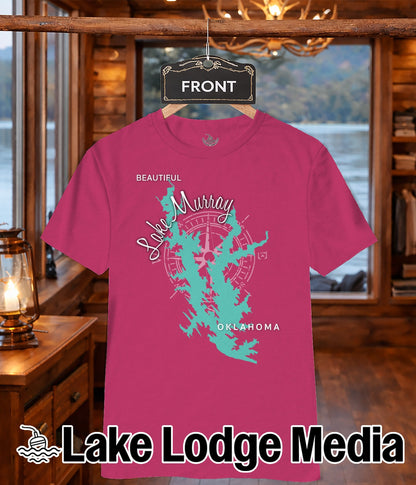 Pink t-shirt with Lake Murray Oklahoma map and compass design.