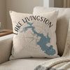 Pillow with Lake Livingston map and Texas outline in blue with compass design.