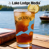 Glass of iced tea with "Lake Jackson" and blue lake outline design.