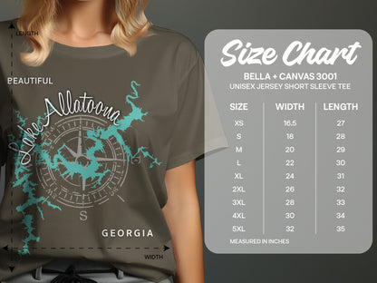 Size chart for Bella + Canvas 3001 unisex t-shirts with Lake Allatoona graphic.