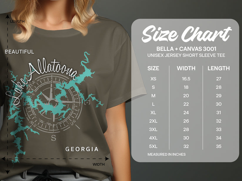 Size chart for Bella + Canvas 3001 unisex t-shirts with Lake Allatoona graphic.
