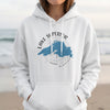 White hoodie with blue Lake Superior and Minnesota map graphic with compass graphic.