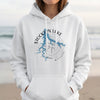 White hoodie with a graphic of Stockton Lake, Missouri, over a compass rose.