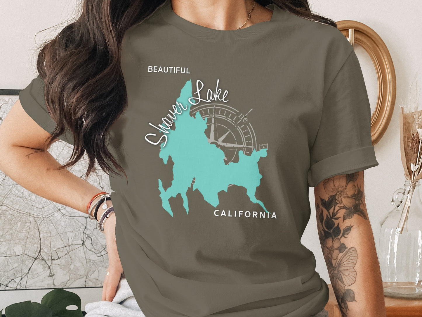 Shaver Lake California map graphic on a taupe t-shirt.